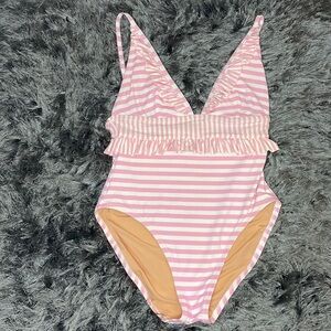 J.Crew Ruffle plunging one-piece swimsuit in mixed stripe |